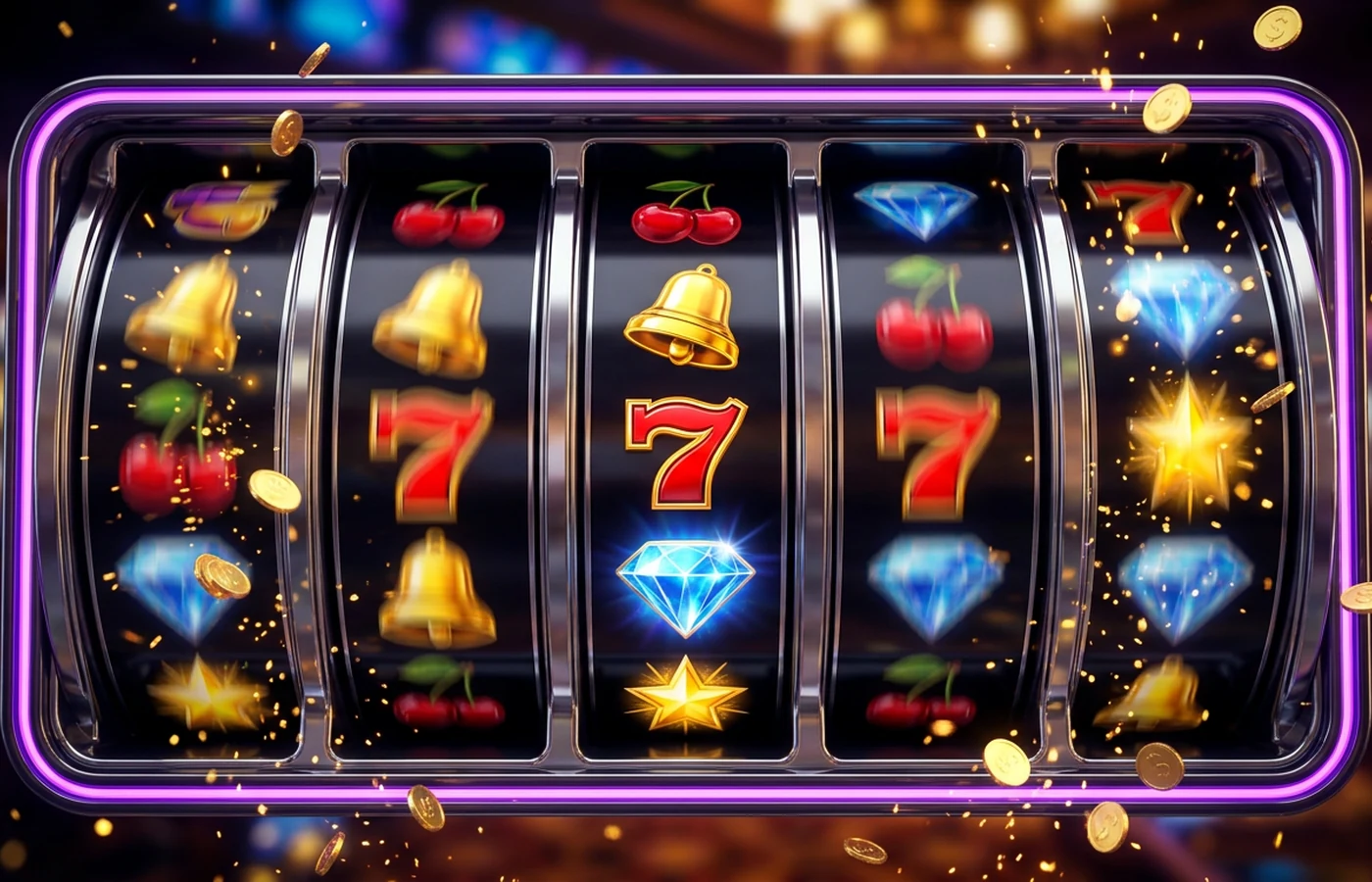 Slot machine reels frozen mid-spin with wild and scatter symbols